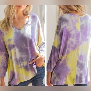 CY Fashion Tie Dye V-Neckline 3/4” Sleeve Side Slit Shirt Oversized